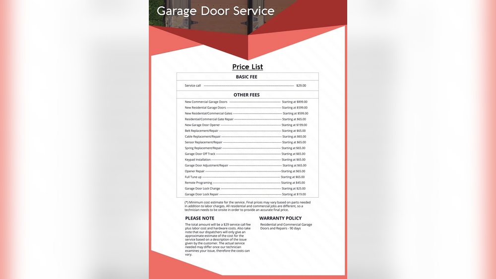 Garage Door Repair Price List